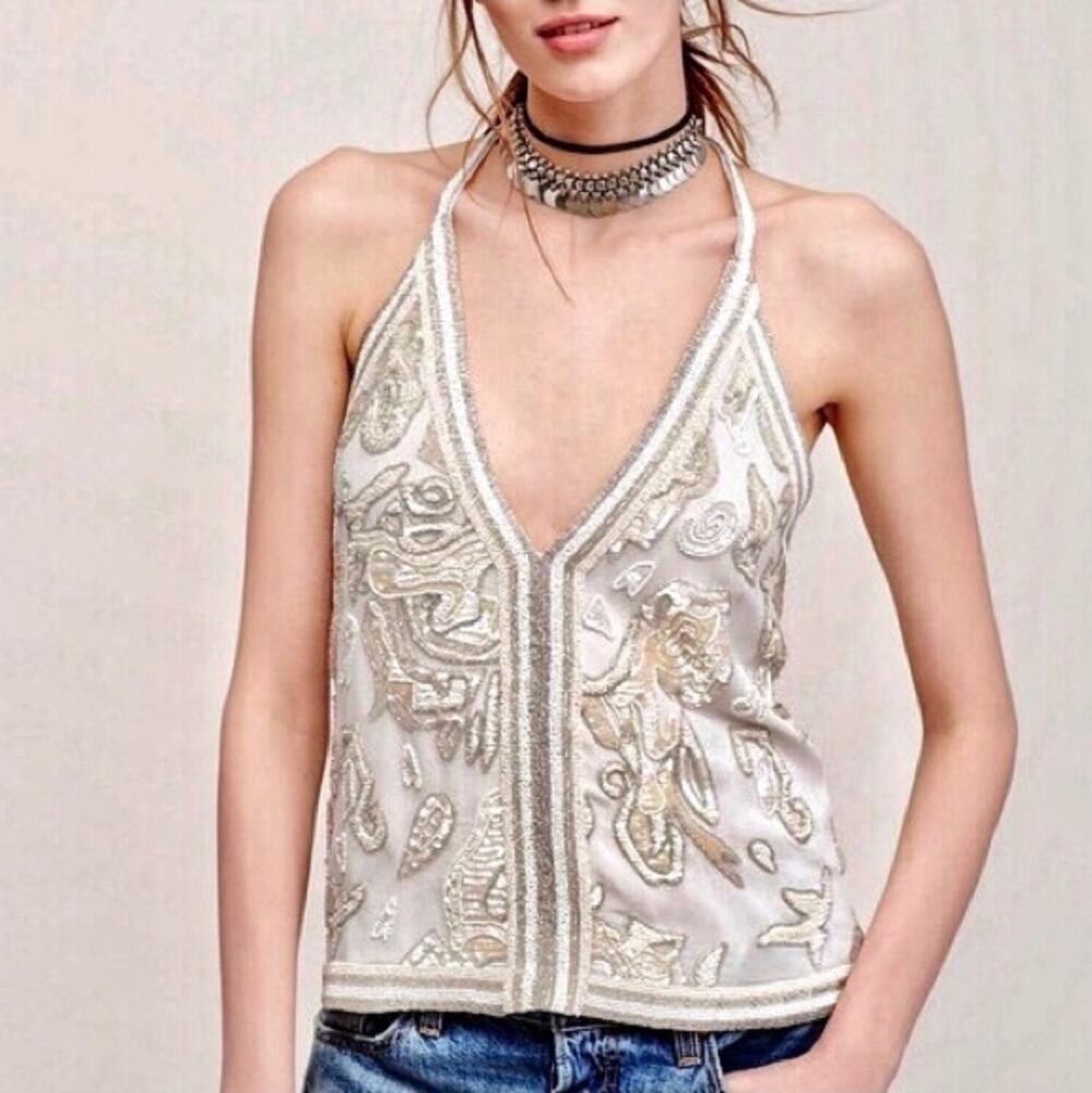 RARE Free People Best of Me Embellished Beaded Backless Halter Top Ivory Large